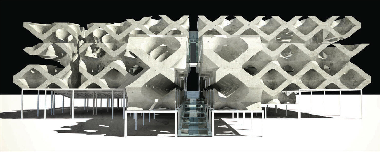 Exterior render of the modules stacked, rendered in concrete.